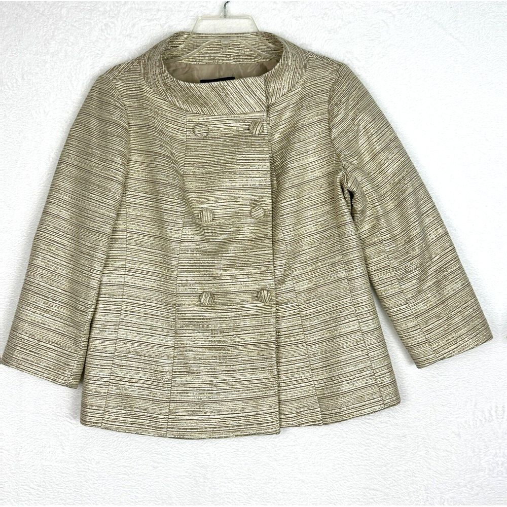 Talbots Blazer Womens Sz 8 Gold White Textured Shiny Double Breasted 3/4 Sleeve